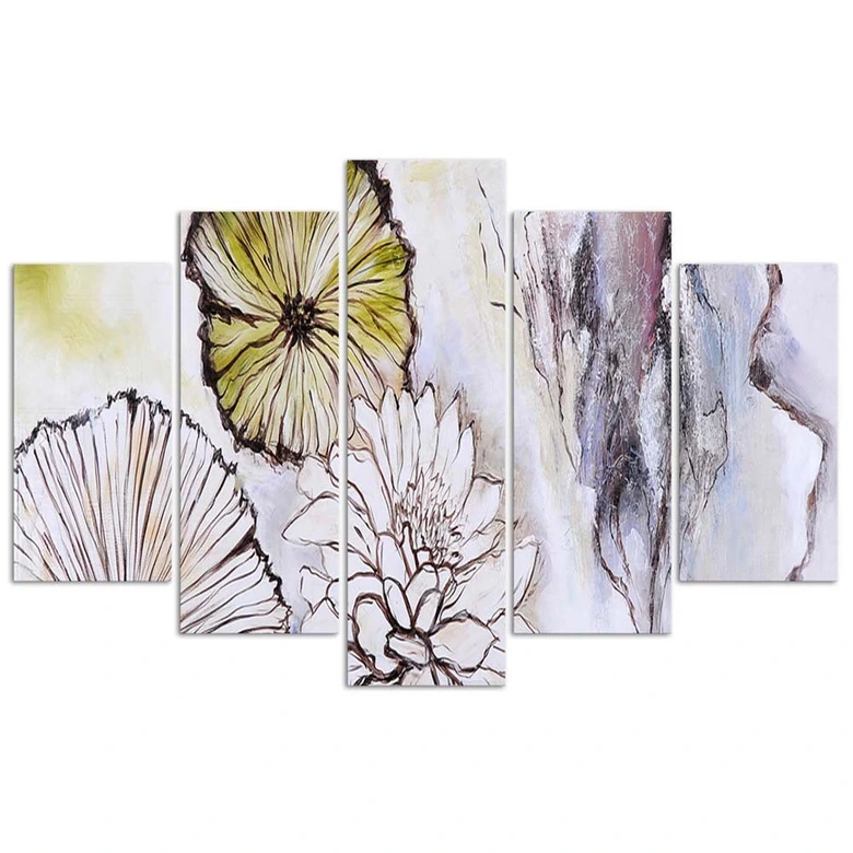 Leinwandbild 5 teilig, Aquarell Blumen Beige 