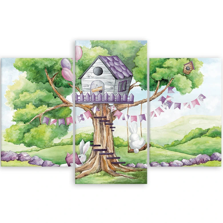 Leinwandbild 3 teilig, Weiße Kaninchen Hütte auf dem Baum 