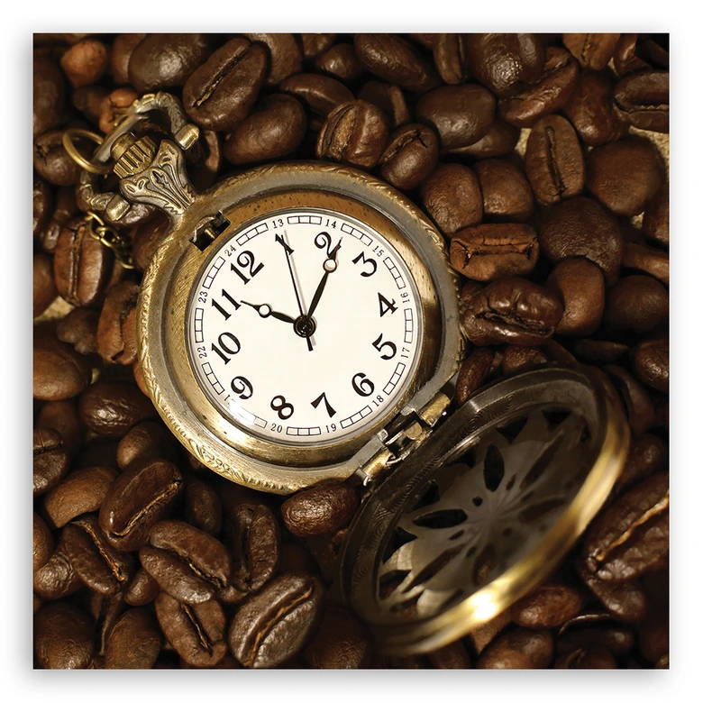 Leinwandbild, Kaffeebohnen und Uhr 