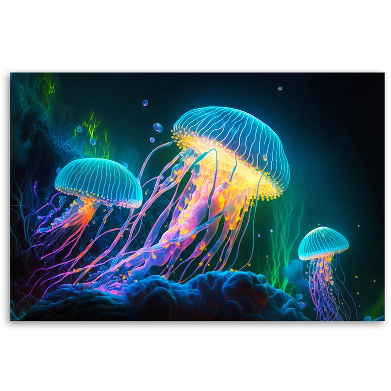 Leinwandbild, Neon-Qualle unter Wasser 