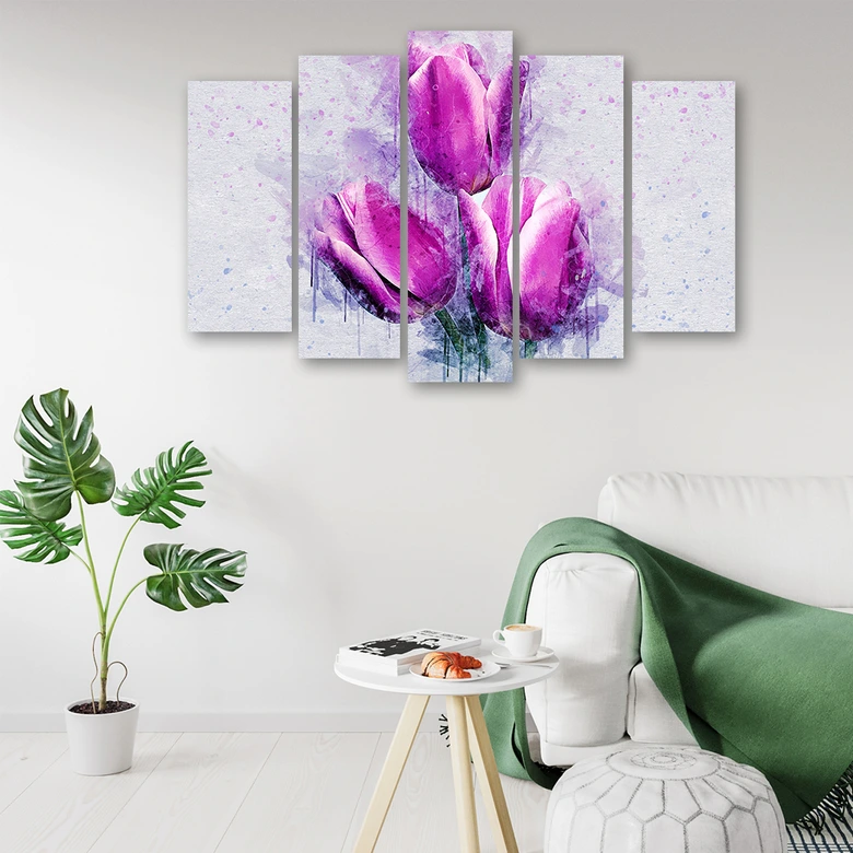 Leinwandbild 5 teilig, Tulpen Blumen Rosa 