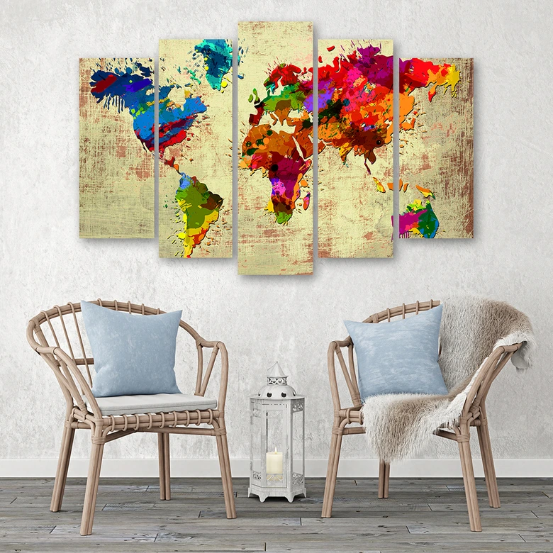Leinwandbild 5 teilig, Bunte Weltkarte 