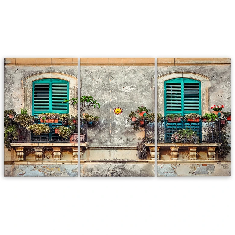 Leinwandbild 3-teilig, Straße Italien Fenster Blumen 