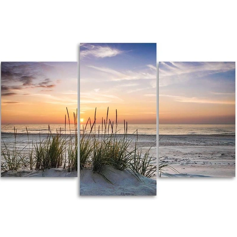 Leinwandbild 3-teilig, Strand Meer Gras Sonnenuntergang 