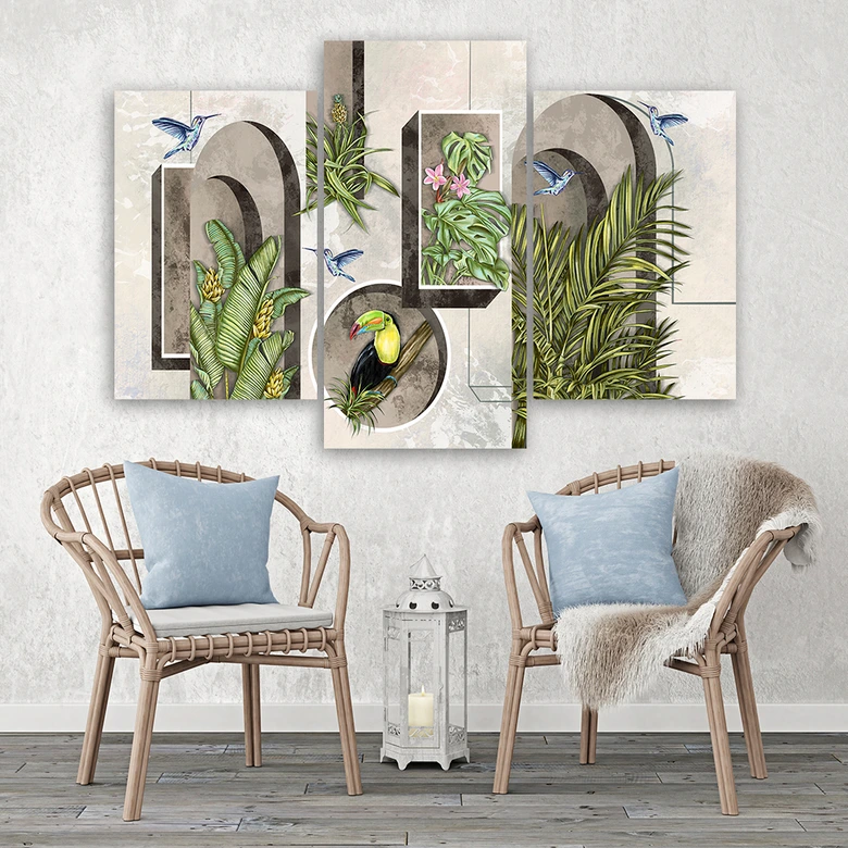 Leinwandbild 3 teilig, Formen in der Wand mit Pflanzen und Vögeln Toucan Koliber 
