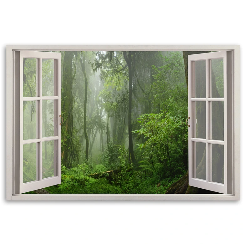 Leinwandbild, Fensterblick Wald im Nebel Dschungel 