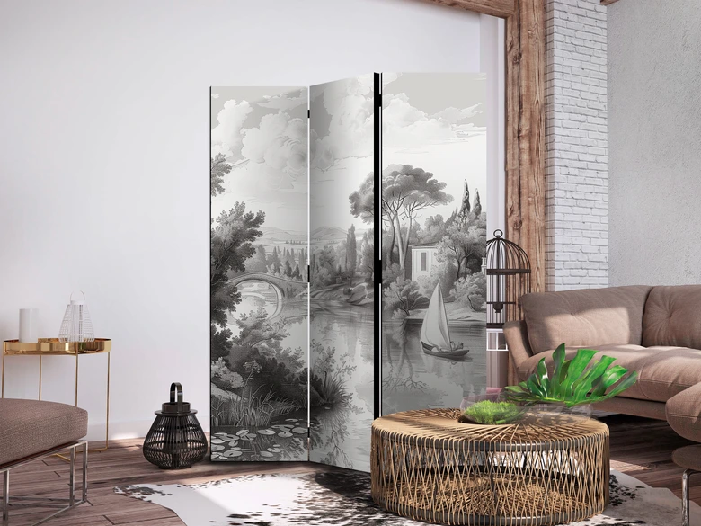 Paravent, Raumteiler freistehend, Trennwand - Black and White Vintage Landscape: Pond with Boat 