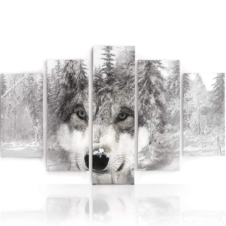 Wandbild 5-teilig, Wolf Wald Tier Grau 