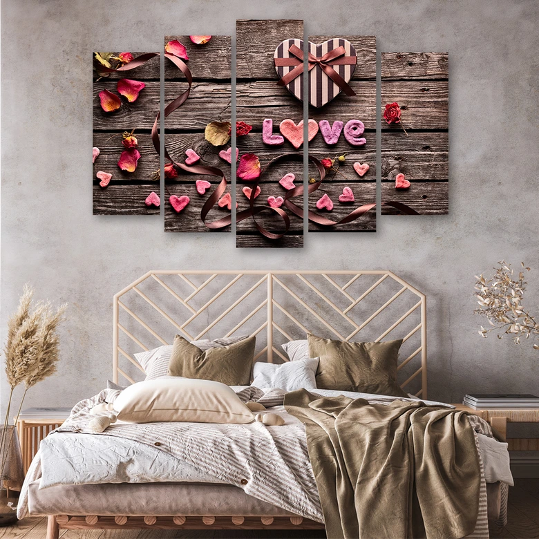 Leinwandbild 5 teilig, Herz Liebe Vintage Blumen 