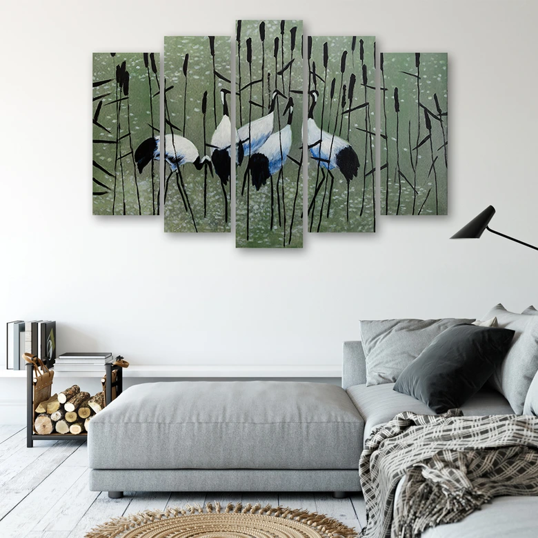 Wandbild 5-teilig, Kraniche Vögel Wasser Natur 