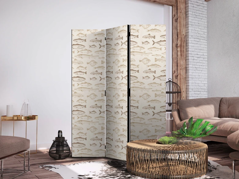 Paravent, Raumteiler freistehend, Trennwand - Fish in Beige Tones Presented in Vintage Style 
