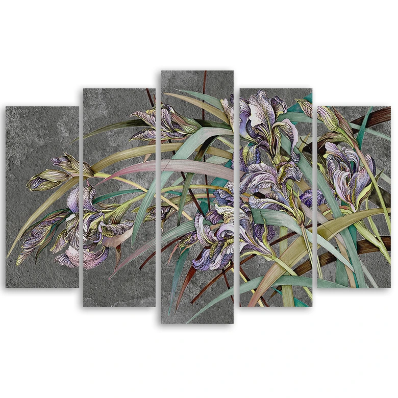 Leinwandbild 5 teilig, Iris Blumen im Wind 