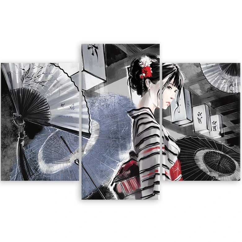 Leinwandbild 3 teilig, Geisha mit einem Fan 