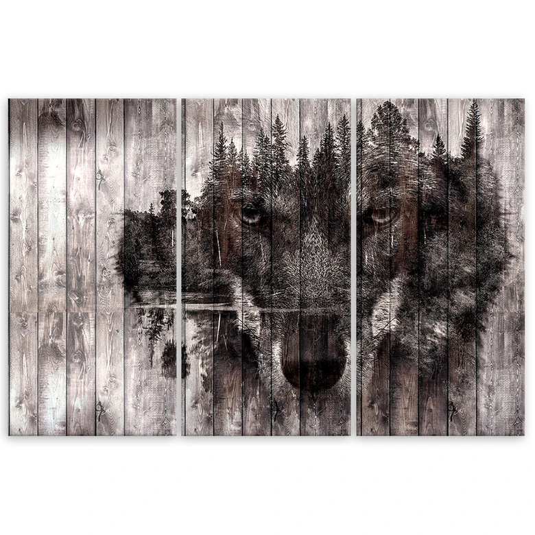 Leinwandbild 3-teilig, Wolf Wald Retro 