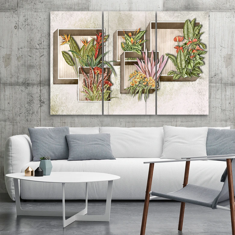 Leinwandbild 3 teilig, Quadratkisten Regale mit Blumen 