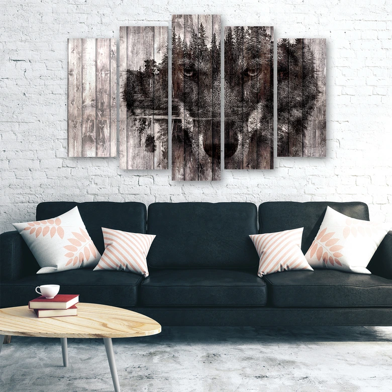 Wandbild 5-teilig, Wolf Wald Retro Vintage 