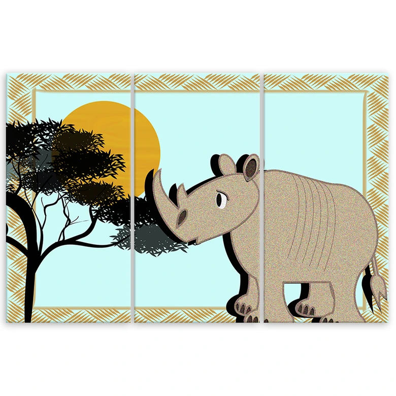 Leinwandbild 3-teilig, Rhinozeros Tiere Kinder 