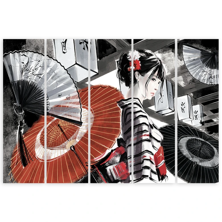 Leinwandbild 5 teilig, Geisha mit einem Fan 