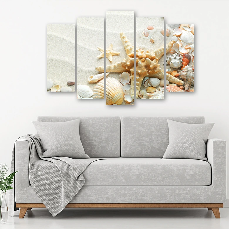 Wandbild 5-teilig, Muscheln Strand Sand Beige 