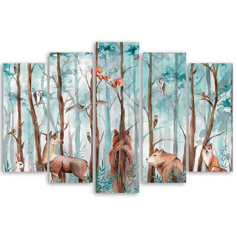 Leinwandbild 5 teilig, Waldtiere Hirschbär Fuchs 