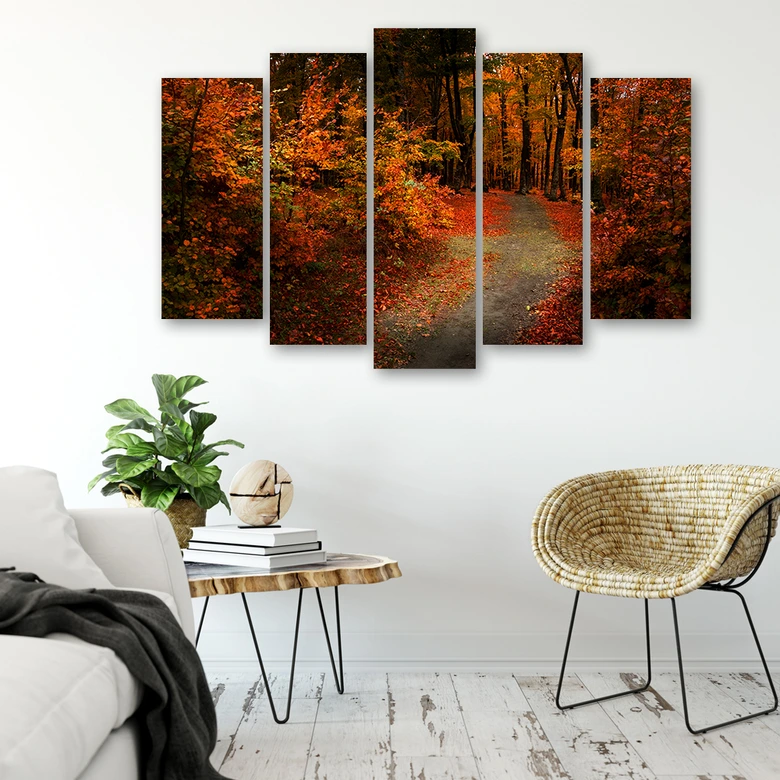 Leinwandbild 5 teilig, Wald Herbstblätter Natur 