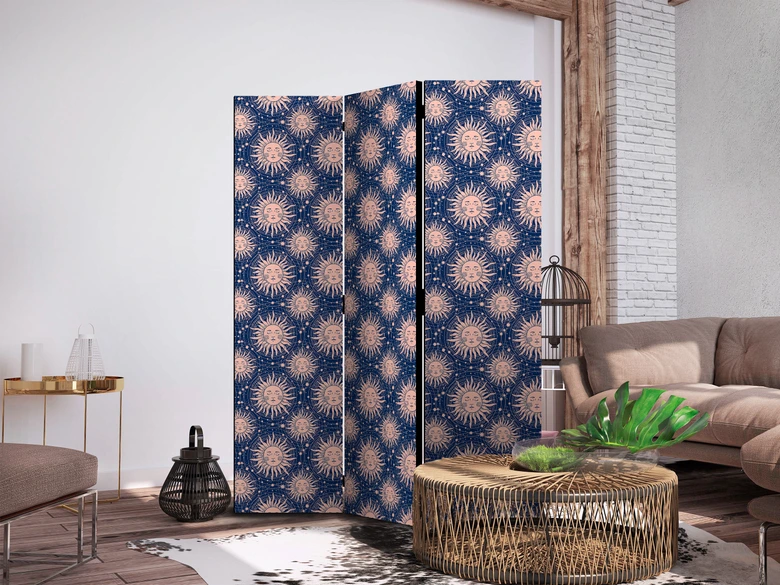 Paravent, Raumteiler freistehend, Trennwand - Sunny Patterns - Repeating Sun Motif on a Navy Background 