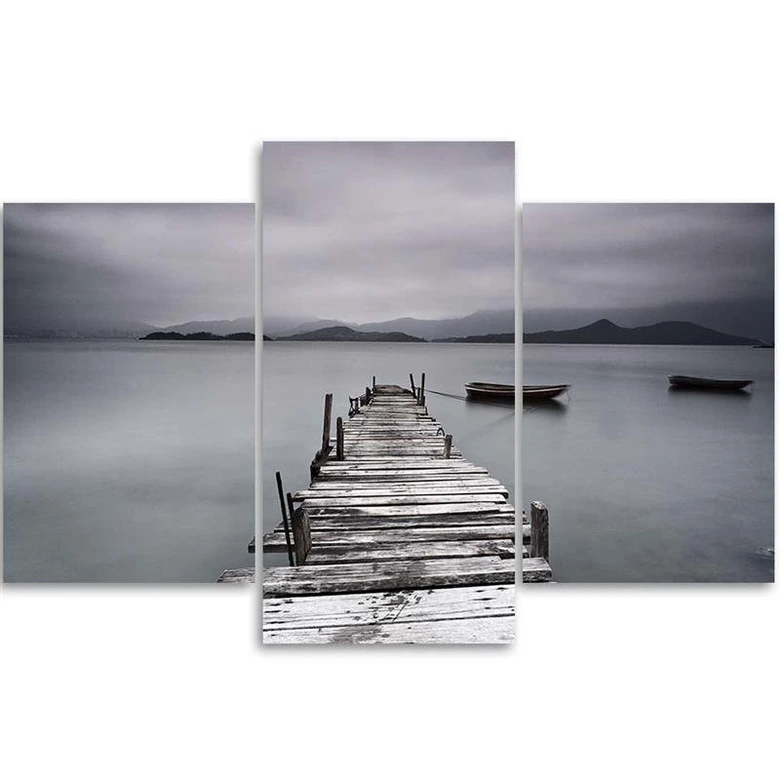 Leinwandbild 3-teilig, Steg See Natur Grau 