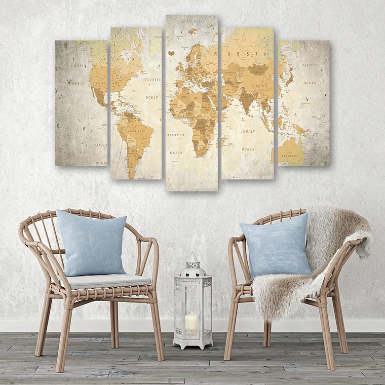 Leinwandbild 5 teilig, Weltkarte Landkarte Braun 