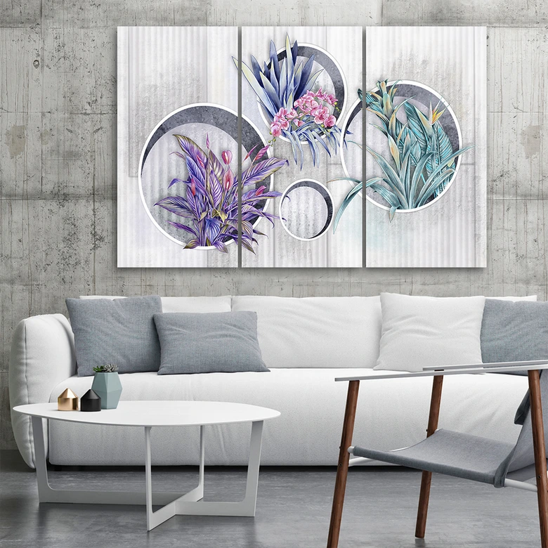 Leinwandbild 3 teilig, Quadratkisten Regale mit Blumen 