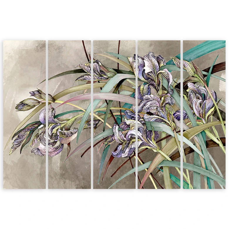 Leinwandbild 5 teilig, Iris Blumen im Wind 