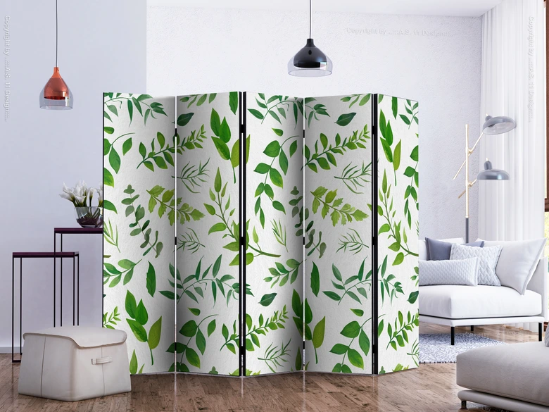 Paravent, Raumteiler freistehend, Trennwand - Green Twigs II, 5-teilig - einseitig bedruckt - 225x172 cm 