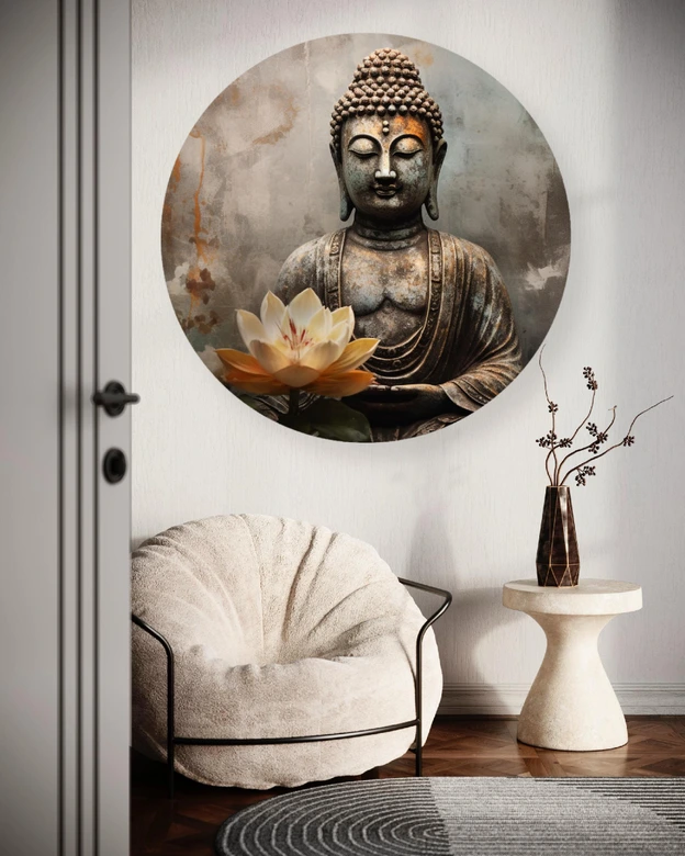 Rond canvas beeld mediterende Boeddha abstract 