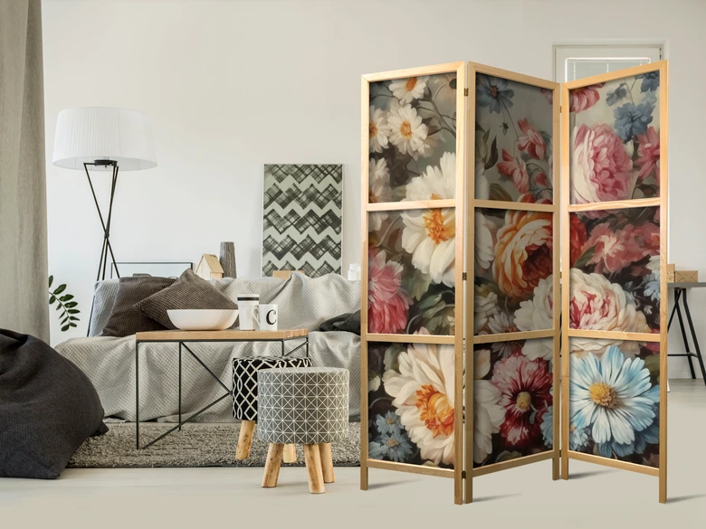 Japanischer Paravent, Raumteiler freistehend, Trennwand - Scent of Nature in Pastel Colors 
