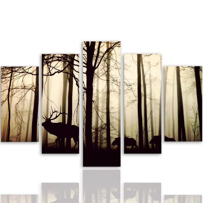 Leinwandbild 5 teilig, Hirsche Wald Tier Natur 