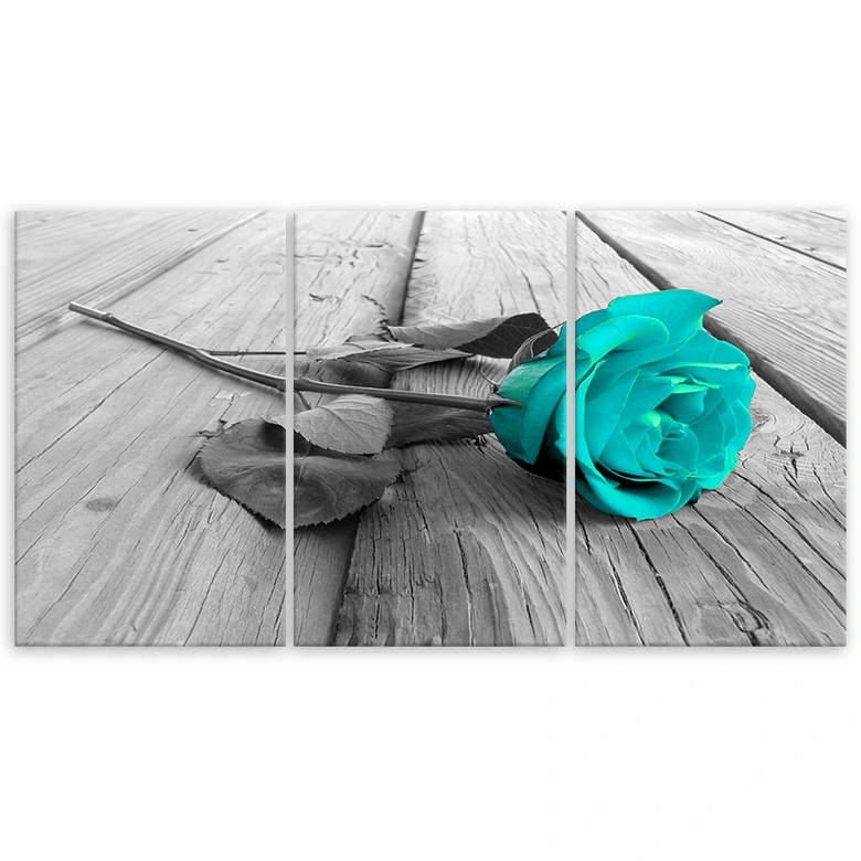 Leinwandbild 3-teilig, Rose Blume Türkis Steg 