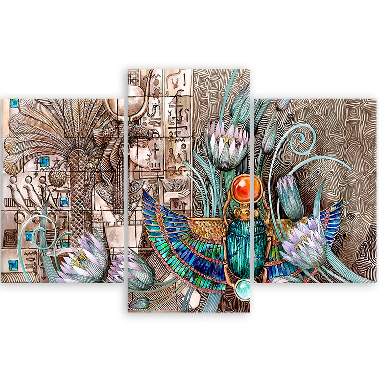 Leinwandbild 3 teilig, Ägyptische Hieroglyphen und Skarabäen 