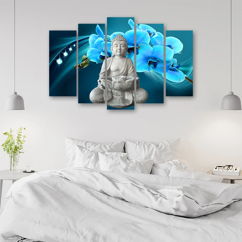 Leinwandbild 5 teilig, Buddha Zen Orchidee Türkis 