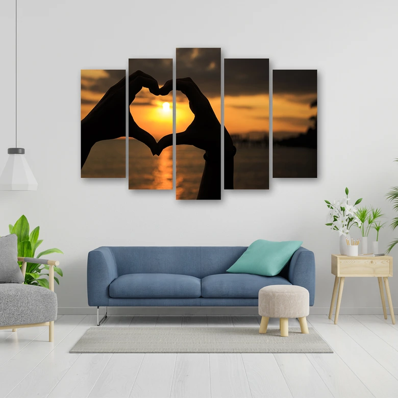 Wandbild 5-teilig, Hände zu einem Herz geformt Sonnenuntergäng 