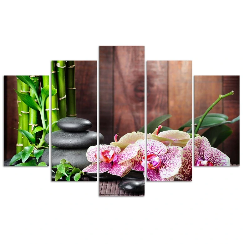 Leinwandbild 5 teilig, Orchidee-Steine-Bambus 