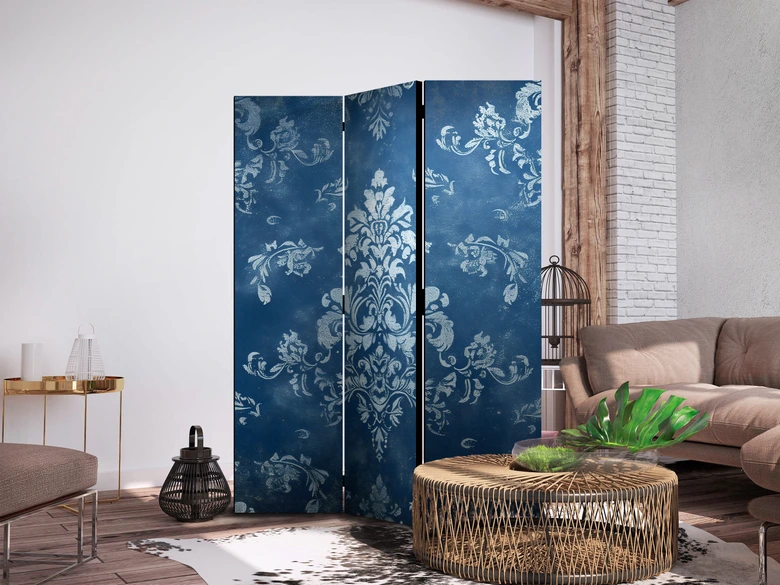 Paravent, Raumteiler freistehend, Trennwand - Retro Ornament - Decorative Motif in Rubbed Blues 