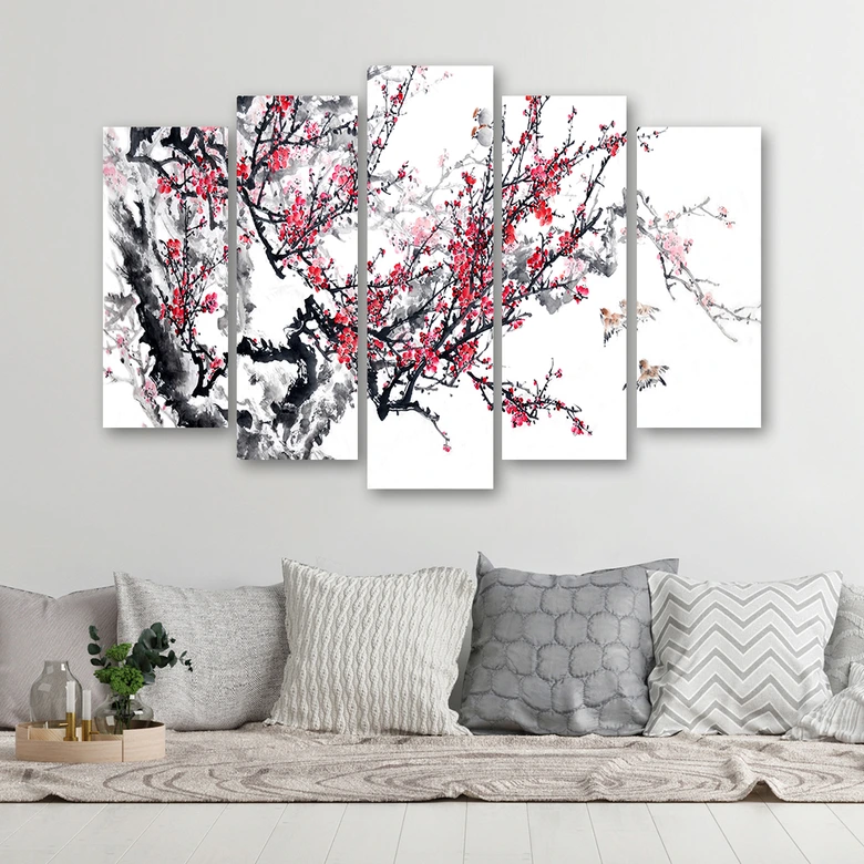 Leinwandbild 5 teilig, Kirschblüte Japan Baum 