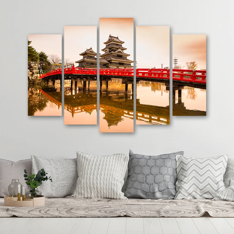 Leinwandbild 5 teilig, Japan Brücke Bäume Natur 