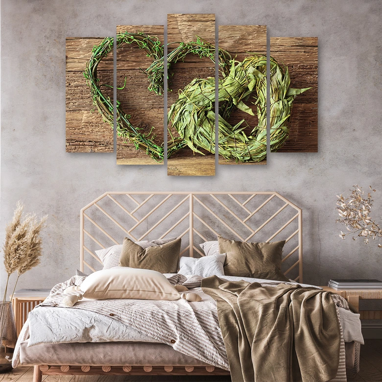 Wandbild 5-teilig, Herz Holz Kräuter Grün 