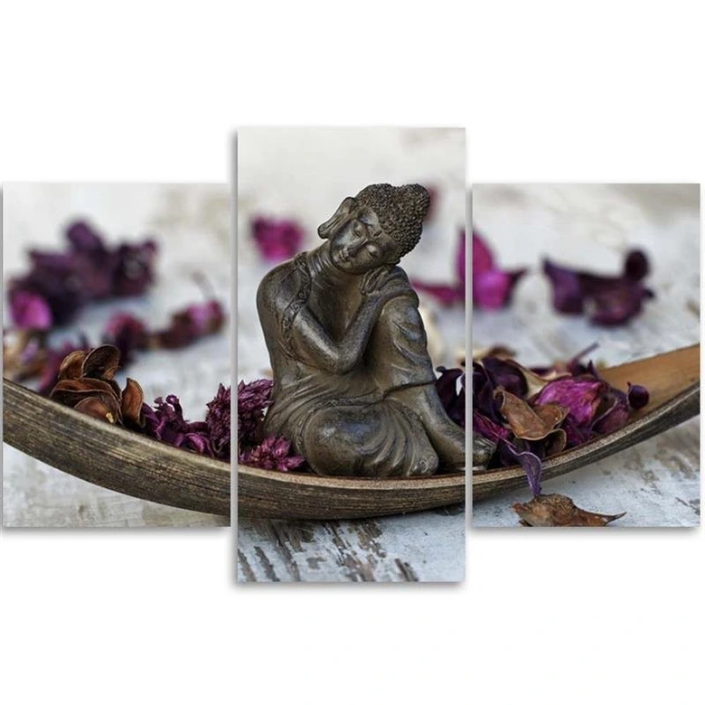 Leinwandbild 3-teilig, Buddha Zen Blumen Violett 