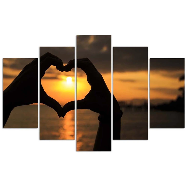 Wandbild 5-teilig, Hände zu einem Herz geformt Sonnenuntergäng 