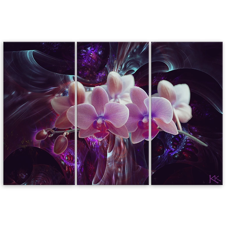3-delige canvas print, witte orchidee op een donkere achtergrond 