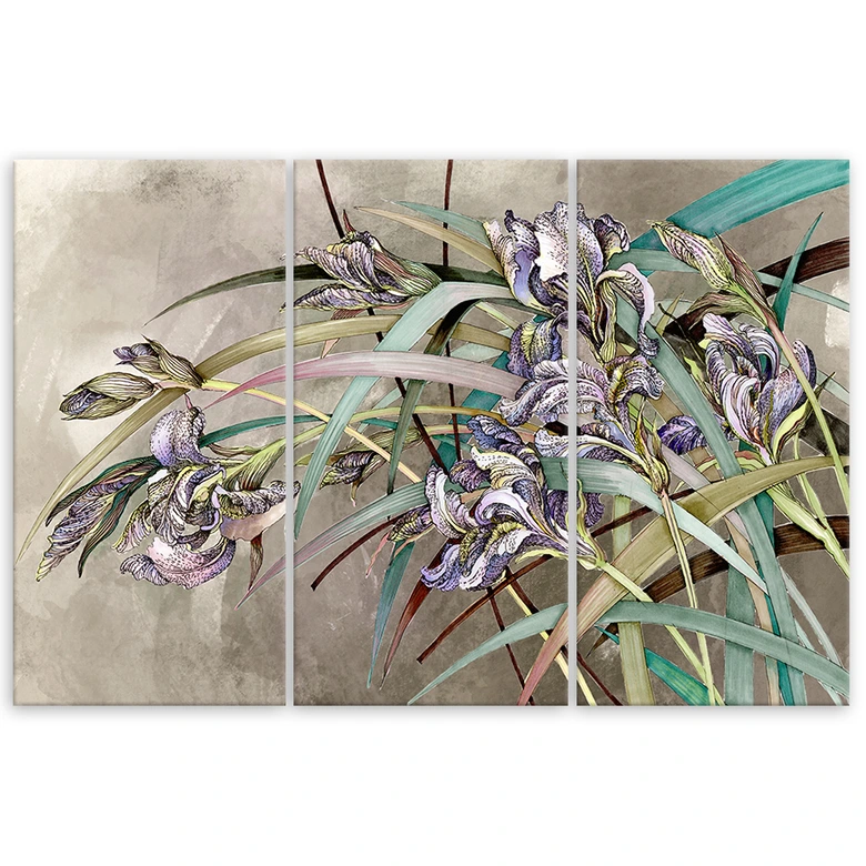 Leinwandbild 3 teilig, Iris Blumen im Wind 