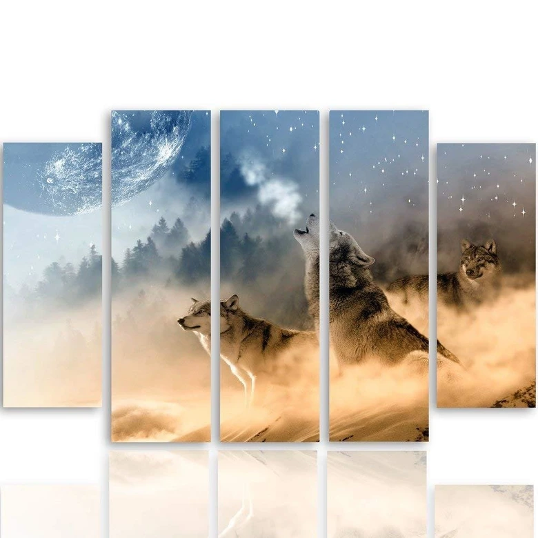 Wandbild 5-teilig, Wölfe Nebliger Wald Natur 