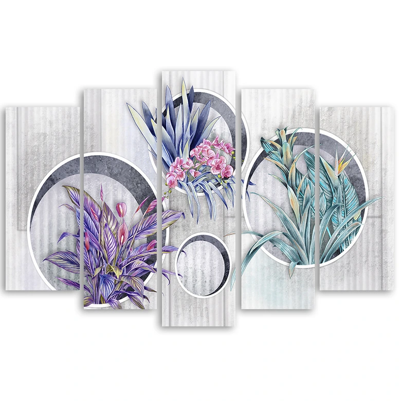 Leinwandbild 5 teilig, Quadratkisten Regale mit Blumen 
