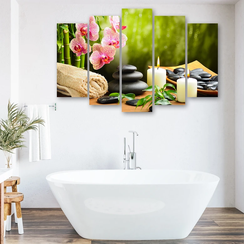 Leinwandbild 5 teilig, Zen Spa Steine Blumen 